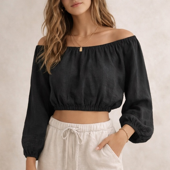 A PIECE APART Maestra 100% Linen Black Cropped Peasant Blouse Size Medium Boho